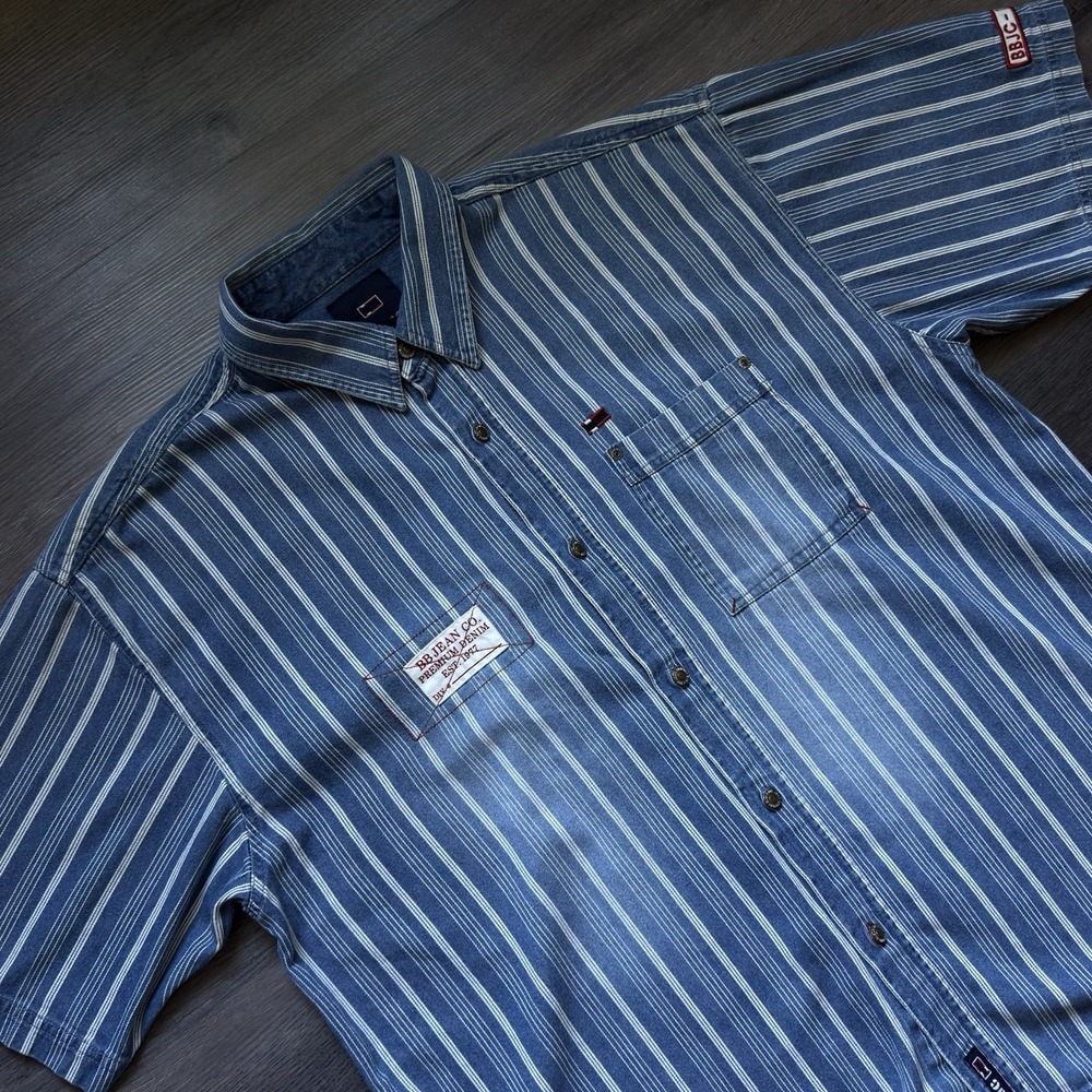 Vintage Bugle Boy Striped Denim Work Shirt Mens XL Blue 90s Streetwear Relaxed